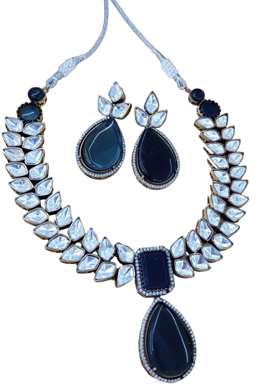 artificial blue stone necklace with matching earrings for women on occasion of diwali/ anniversary/ wedding